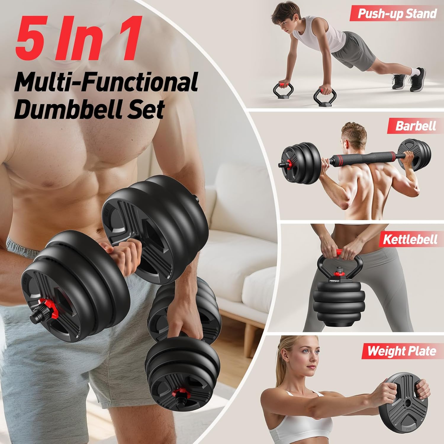 5 in 1 Weight Set Used as Kettlebells, Barbell, Push up Stand, Fitness Exercise for Home Gym Suitable Men/Women